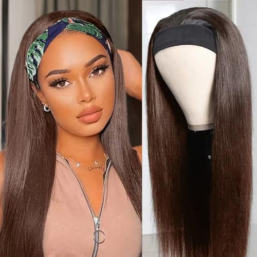 Straight Chocolate Brown Headband Wig Human Hair for Women 22-Inch 180% Density Headband Wigs Glueless Human Hair Wig(Straight, #4)