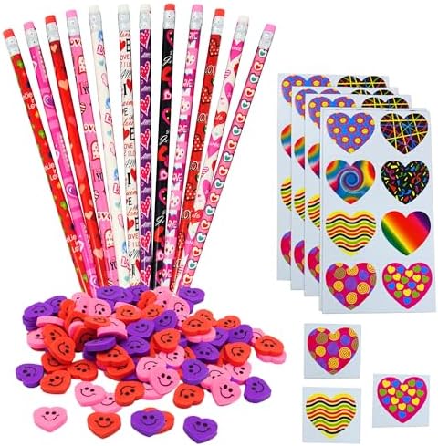 4E's Novelty 36 Set Valentine’s Day Stationary Gifts for Kids - 36 Pencils, 36 Heart Erasers, 104 Stickers - Valentines Classroom Exchange Toys, Class Party Favors From Teacher To Student