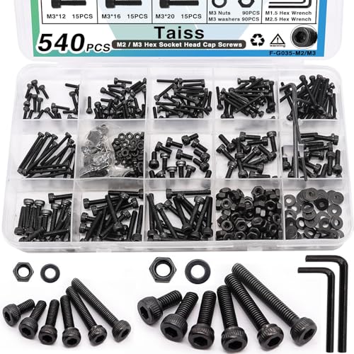 Taiss 540PCS M2 M3 Screw Kit,Hex Socket Head Cap Screws Assortment with Nuts and Washers M2、M3 x 6/8/10/12/16/20mm,12.9 Grade Alloy Steel Black Small Metric Screws,M2 M3 Bolts for 3D Printing