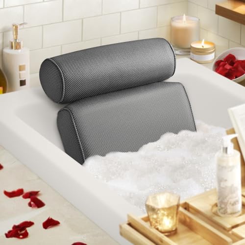 LuxStep Bath Pillow Bathtub Pillow with 6 Non-Slip Suction Cups for Head,Neck and Back Support, Extra Thick and Soft Air Mesh Spa Pillow for Bath - Fits All Bathtub, 15.35x14.56 Inch,Grey