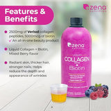 ZENA FIT NUTRITION Zena Liquid Collagen 30 FL Oz for Women & Men, Collagen Peptides + Biotin 5000mcg, Verisol Collagen 2500mg, Sugar & Gluten Free, Berry, 90 Servings