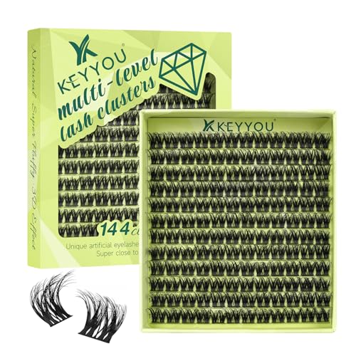 Lash Clusters 3D Effect Eyelash Clusters KEYYOU 144pcs D Curl 16mm Wispy Lashes Fluffy Cluster Lashes Natural Soft DIY Lash Extension(Elixir-D-16)