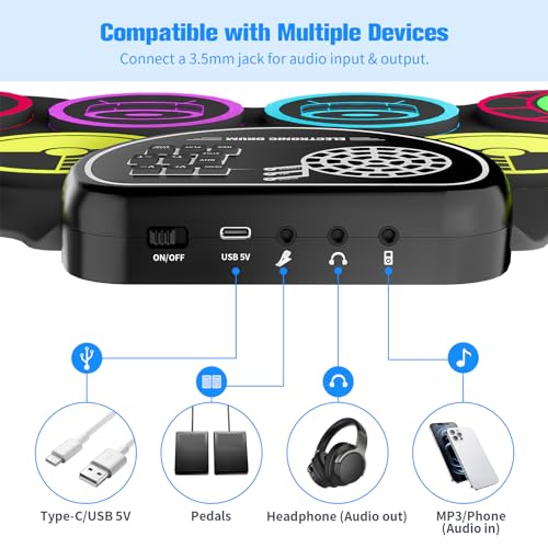 Miortior Electronic Drum Set, 10 Pads Roll-up Drum Practice Pad with Drum Pedals & Drum Sticks, Portable Drum Pad Machine Built-in Speaker with Headphone Jack, Great Christmas & Birthday Gift for Kids