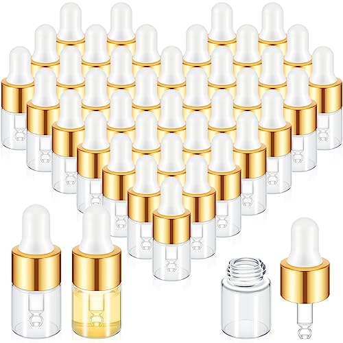 100 Pcs Mini Glass Oil Dropper Bottle Bulk, 2 ml Gold Clear Essential Small Empty Bottles Sample Containers Perfume Liquid Vials with Cap for Traveling