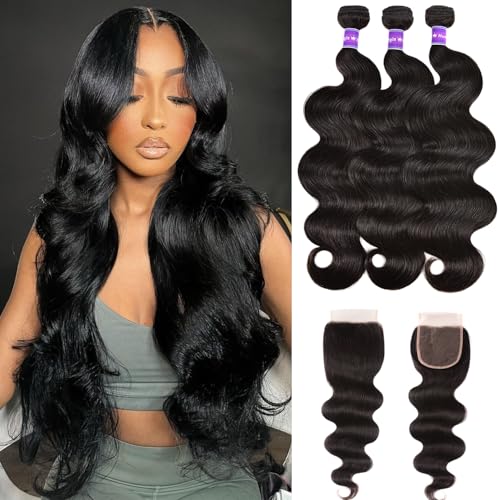 Brazilian Body Wave 3 Bundles With Closure Free Part (16 18 20+14) Body Wave Bundles with 4X4 Closure 100% Unprocessed Virgin Hair Weft Human Hair Bundles with Swiss Lace Closure Natural Color