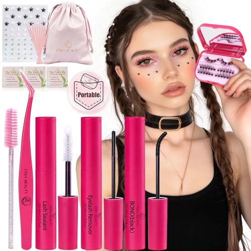 Lash Clusters Kit with Self Adhesive Pearl Stickers Fluffy Lash Clusters Left Right Lash Extension Kit with Bond Seal Eyelash Kit Gift Set with Drawstring Bag Portable Starter Kit Birthday Gift Women