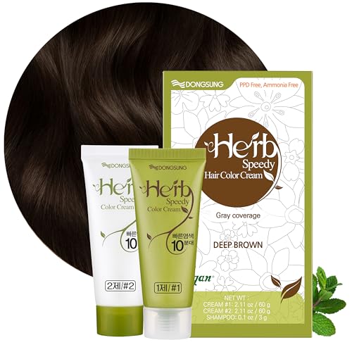 DONGSUNG Herb Speedy Color Cream (Deep Brown, 1 Pack), PPD-Free Ammonia-Free Vegan Hair Dye with Sun Protection, Odorless, Gentle for Sensitive Scalp, No Eye or Scalp Irritation