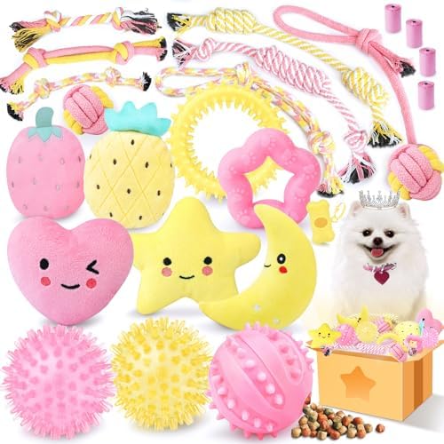 XIUGOAL Pink Puppy Toys for Teething - 23 Pack Puppy Chew Toys for Boredom, Interactive Dog Toys for Puppies, Cute Small Dog Toys with Treat Ball, Squeaky Dog Chew Toys and Ropes