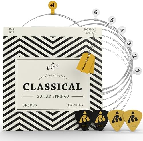 BELFORT® Classical Guitar Strings Nylon, coated in silver - nylon guitar strings + 1E-String - Guitar Strings Acoustic (6 String Set) Cuerdas para guitarra acustica - cuerdas de guitarra Nylon String