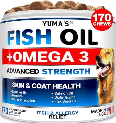 Omega 3 Fish Oil for Dogs - 170 Chews - Skin and Coat Supplement - Omega 3 for Dogs - Dry & Itchy Skin Relief Treatment - Allergy Support Dog Anti Shedding Treats - Salmon - EPA & DHA - Chicken Flavor
