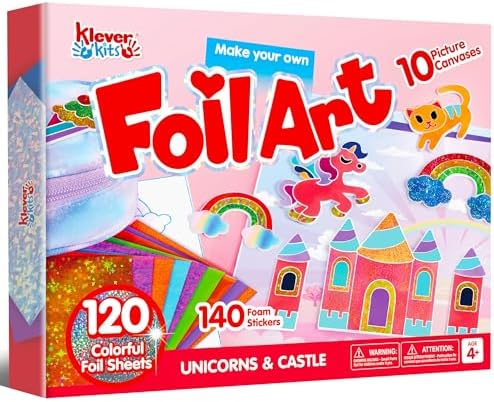 Klever Kits Foil Art Kit for Kids - Arts & Crafts Supplies, Mess Free Coloring, Foil Foam Stickers, Creative Travel Toys, Birthday Gifts for Boys & Girls Ages 4 and Up