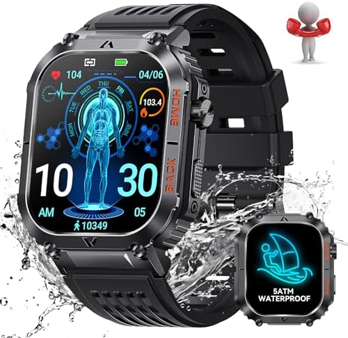 Military Smart Watch for Men 5ATM Waterproof with Call 2.02" Large Screen Rugged Outdoor Tactical Smartwatch with Compass Fitness Watch with Heart Rate Blood Pressure Monitor for iPhone Android Phone