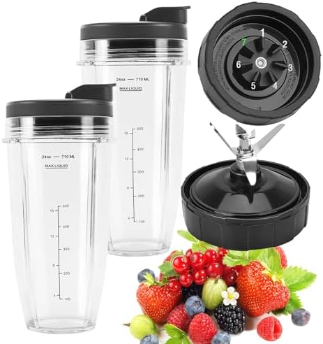 2 Pack 24oz Ninja Blender Cups Replacement Parts with To-Go Lids, 7 Fins Ninja Blender Blade for Ninja BL2012 BL480-30 BL482-30 BL640-30 BL642-30 BL682-30 NN102 BN401 BN751 BN801
