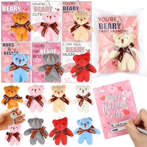 28 Pack Valentines Day Cards for Kids Classroom with Mini Bear Plush Toys Valentines Day Gifts for Kids School Mini Stuffed Bear Keychain Toys Valentines for Kids Class Exchange Cards Party Favor Gift