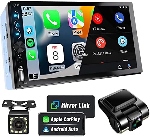 Leadfan Double Din Car Stereo with Dash Cam,7 Inch Full HD Touchscreen Car Stereo Receiver Support Carplay and Android Auto,Car Stereo with Bluetooth,Mirror Link,Backup Camera,FM/USB/AUX/Subwoofer