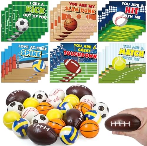 SpringFlower 24 PACK Valentines Day Cards for Kids Classroom with Sports Balls Toys for Classroom Exchange, Squeeze Foam Balls Valentines Party Favors Supply for Kids Classmates Gift Cards Prizes