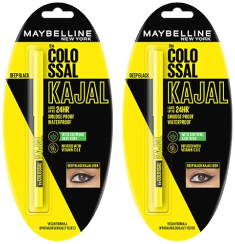 Maybeline Kajal Universal Beauty Maybeline New York Colossal Kajal Dark Black, Waterproof Kajal, 24Hrs Stay Kajal 0.35G (Pack Of 2)
