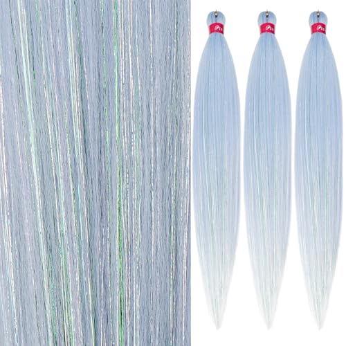 Baby Blue Tinsel Pre Stretched Braiding Hair 3 Packs Pre Feathered Braiding Hair Extensions Easy to Braid 26 Inch Yaki Texture Braids Hair