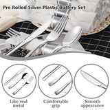 N9R 75 Pack Pre Rolled Silver Plastic Cutlery Set, Wrapped Plastic Silverware Set with 75 Forks, 75 Knives, 75 Spoons and 75 Napkins, Disposable Cutlery Set for Party and Wedding