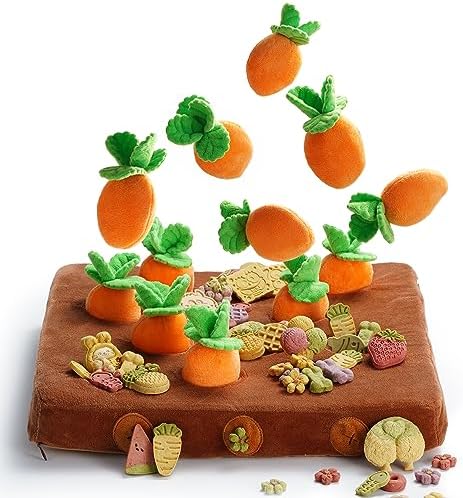 Nocciola 12 pcs Carrot Dog Squeaky Toys with Food Dispensing Carrot Farm, Dog Enrichment Toys for Hide and Seek, Puzzle Toys for Small and Medium Dogs