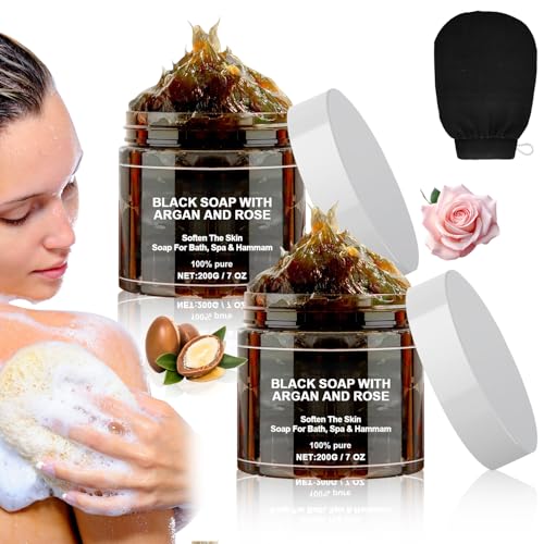 Morocco Black Soap With Argan And Rose, Zawina Moroccan BlackSoap Hammam, Zawina Morocco Black Beldi Soap, ZawinaBlack BeldiSoap Kessa Glove (2 PCS)