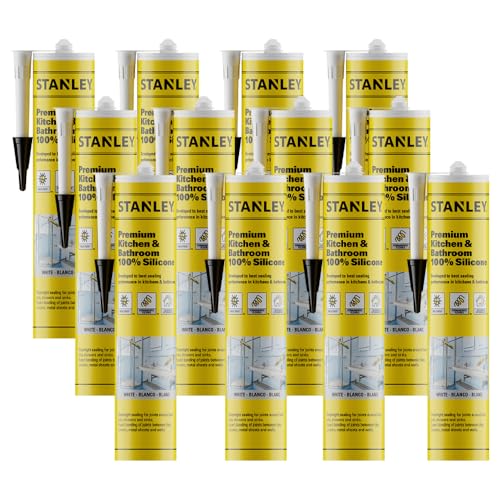 Stanley Premium Kitchen & Bathroom, 12x10.1 fl.oz. White, 100% Silicone Caulk - Low Odor, UV Protection, 100% Waterproof Sealant and Adhesive for Window & Door and Glazing, 12 Pack