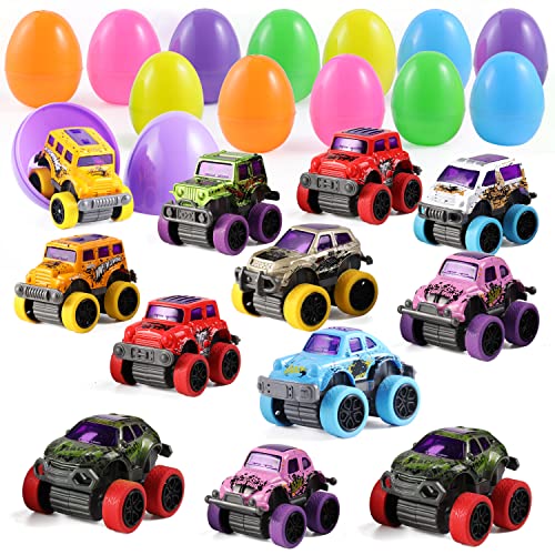 JOYIN 12 Pcs Easter Eggs Filled with Pull Back Monster Cars, Easter Trucks Cars for Kids Egg Hunt, Basket Stuffers Filler and Classroom Prize Supplies, Party Favors