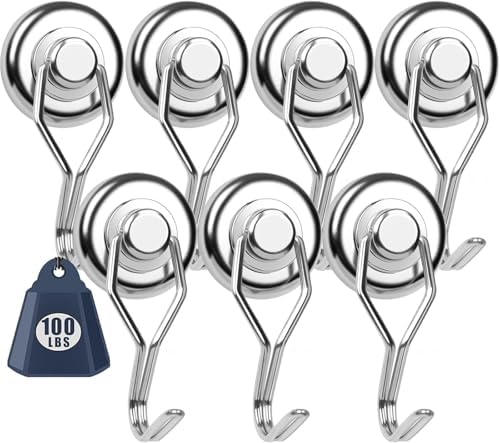 DIYMAG Swivel Swing Powerful Magnetic Hooks, 100LB (7 Pack) Strong Heavy Duty Neodymium Magnet Hooks Great for Grill, Refrigerator, Kitchen, Office-Length 68mm(2.67in), Diameter 32mm(1.26in)