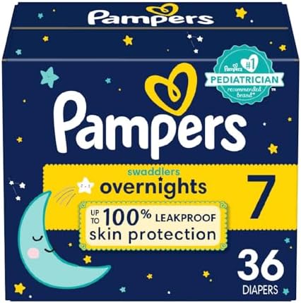 Pampers Overnight Diapers - Swaddlers Overnights - Size 7, 36 Count, Disposable Baby Diaper, Night Time Leak and Skin Protection