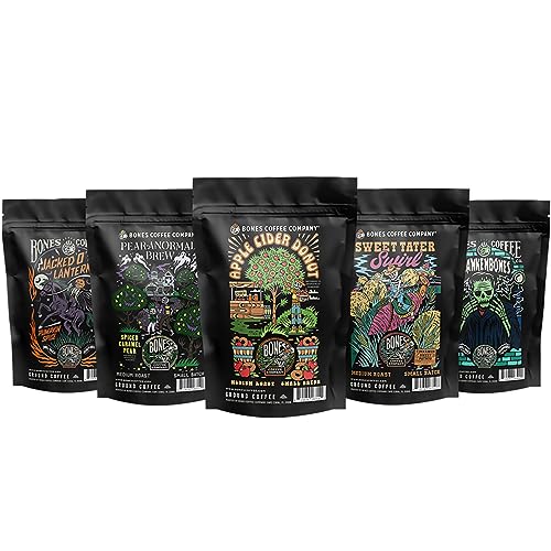 Bones Coffee Company Fall Flavors Sample Pack Gift Set, Medium Roast Ground Coffee Low Acid Flavored Coffee Beans (4 oz, Pack of 5)