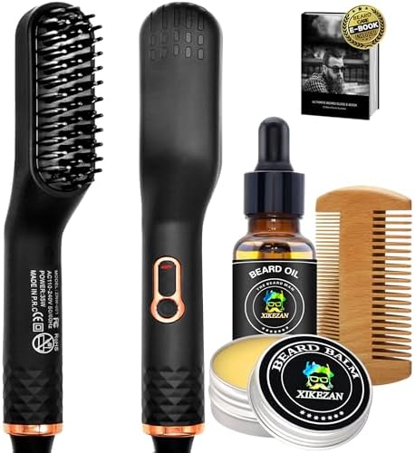 Upgraded 3-in-1 Hair Straightening Brush, Beard Balm, Beard Oil & Guide E-Book, Unique Grooming Gift Set for Men, Dad, Husband or Boyfriend