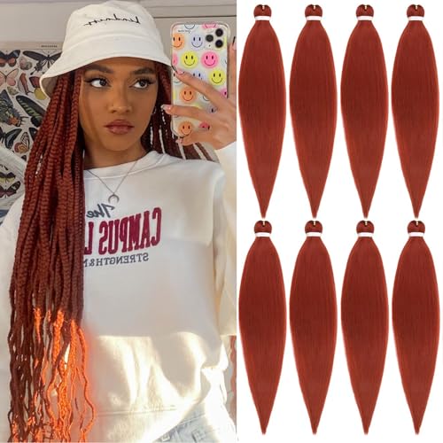 Unionbeauty Pre Stretched Braiding Hair 26 Inch 8 Packs Crochet Hair Copper Red Crochet Braiding Hair for Box Braids Dark Ginger Yaki Texture Hair Hot Water Setting Crochet Braid Hair Extension (350#)