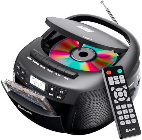 KLIM CD + Cassette Tape Player, Bluetooth CD Boombox, AM/FM Radio, Stereo Sound, Remote, CD and Cassette Player Combo, Tape Recording, USB Drive, AUX, AC/DC Powered Radio CD Player