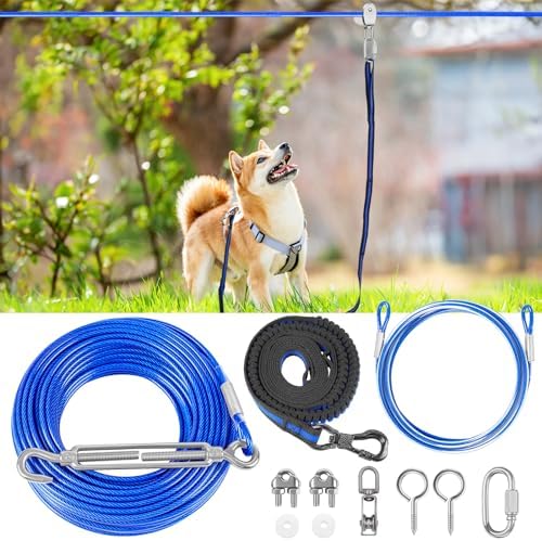 XiaZ Dog Tie Out Cable, 50ft Dog Trolley Runner Cable for Dogs up to 250lbs, Dog Lead for Yard, Camping, Outdoor, with 8 Ft Nylon Bungee Runner, Cable Sling to Protect Trees,Blue