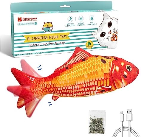 Potaroma Floppy Fish Cat Toy, Interactive Flopping Moving Koi, Catnip & Silvervine Enrichment, Indoor Kitten Kicker Exercise for All Breeds, 10.5 Inches
