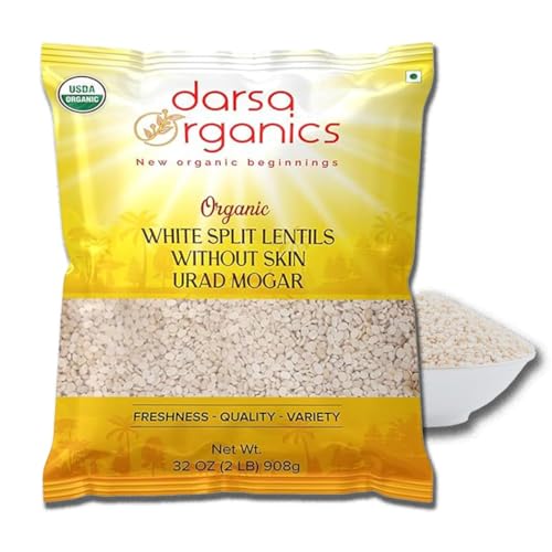 Darsa Organics Split Urad Dal Without Skin 2 lb - USDA Organic, Non-GMO White Matpe Split Peas, Plant Based Protein, Kosher & Chemical-Free Organic Lentils for Dosa Batter, Stews, Soups, Lentil Bread