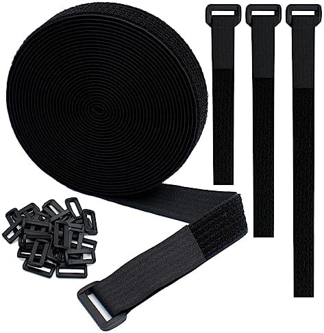 1"x20FT Hook and Loop Straps, with 30 Plastic Buckles, Adjustable Fastening Cable Straps, Cut-to-Length Cinch Strap, Reusable Nylon Securing Cord Ties for Organizer or Storage - Black