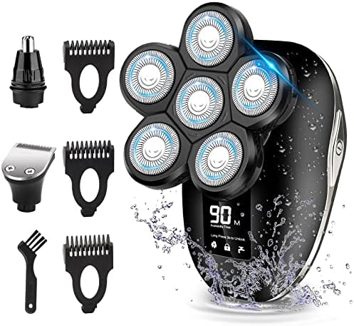 Electric Head Shaver for Bald Men, 6 in 1 Mens Electric Head Razor Bald Head Shaver Cordless Electric Razor Men, IPX7 Wet/Dry Waterproof Men's Rotary with Head Shaver Kit LED Display Silver