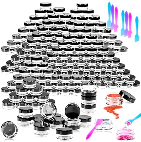 MotBach 100 Pcs 5g Empty Plastic Containers with Black Lids,Mini Makeup Sample Containers, Small Sample Pot Jars Round Cosmetic Jars with Mini Spatulas for Liquid Sample Powder Creams Lotions