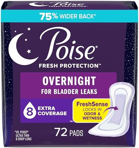 Poise Incontinence Pads & Postpartum Overnight Incontinence Pads, 8 Drop Extra Coverage, 72 Count (2 Packs of 36), Packaging May Vary
