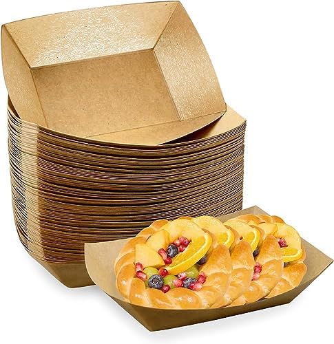 Oomcu 100 Pack 3 lb Heavy Duty Paper Food Boats Disposable Kraft Brown Paper Food Trays,Take Out Food Serving Boats,Trays for Party Snacks,Nachos,Hot Dogs Boats Tacos BBQ Tray