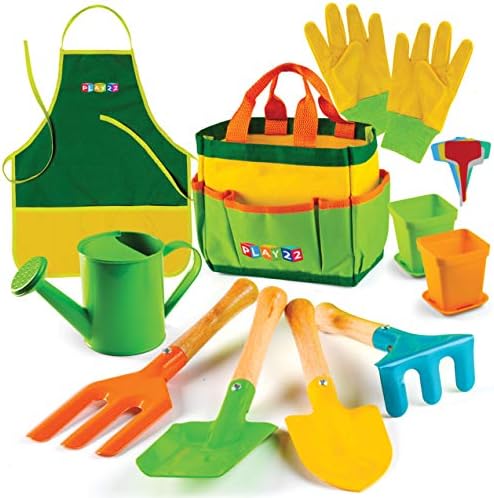 Play22 Kids Gardening Tool Set 12 PCS - Kids Gardening Tools Shovel Rake Fork Trowel Apron Gloves Watering Can and Tote Bag, Toddler Gardening Tools for Kids Best Outdoor Toys Gift for Boys and Girls