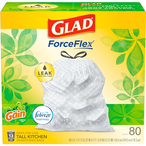 Glad Trash Bags, ForceFlex Tall Kitchen Drawstring Garbage Bags,13 Gal, Gain Original with Febreze, 80 Ct