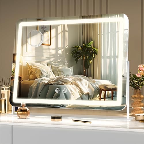 Hasipu Vanity Mirror with Lights, 15" x 13" LED Makeup Mirror, Light up Mirror with 10X Magnification, Smart Touch 3 Colors Dimmable, 360° Rotation (White)