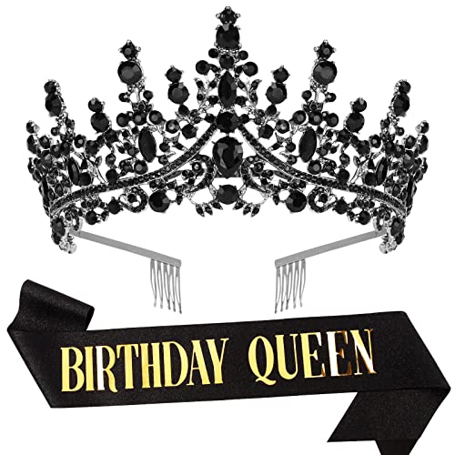 Birthday Tiara and Sash for Women Girls Birthday Queen Series Graceful Birthday Crown and Sash for Party Gift Halloween Cosplay Premium Rhinestone Headbands for Princess Dress Up (black)