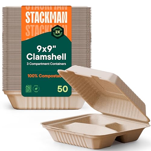 100% Compostable To Go Containers 9x9" 3-Compartment Clamshell Take Out Food Container with Hinged Lid - Disposable Togo Plates - Eco-Friendly Takeout Box Made of Sugar Cane Bagasse [50-Pack]