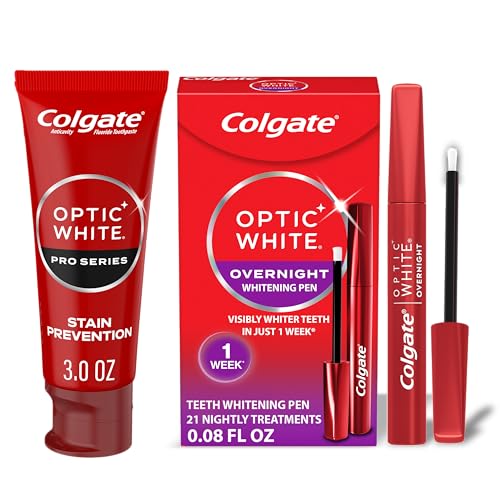 Colgate Optic White Overnight Teeth Whitening Pen and Whitening Toothpaste Kit, Includes 0.08 fl oz Teeth Whitener Pen with 21 Nightly Treatments Plus a 3.0 fl oz Enamel Safe Whitening Toothpaste