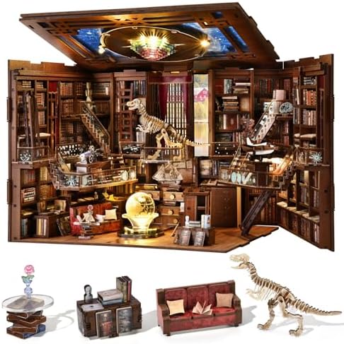 DIY Book Nook Kit, Miniature Dollhouse Booknook Kit, 3D Wooden Puzzle Bookend Bookshelf Insert Decor with LED Light for Teens and Adults (Beyond Library Max)