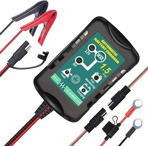 12V / 6V Battery Trickle Charger Maintainer, 1.5A Automatic Smart Float Charger Battery Charger for Motorcycle Lawn Mower Car Boat Tractor ATV, SLA VRLA Gel Cell AGM Lead Acid Batteries