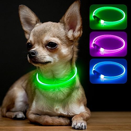BSEEN Light Up Dog Collar, Rechargeable LED Puppy Collar Waterproof Glowing Pet Collar TPU Cuttable Lighted Dog Collar for Small Medium Large Dogs (XS- Green（40cm）)